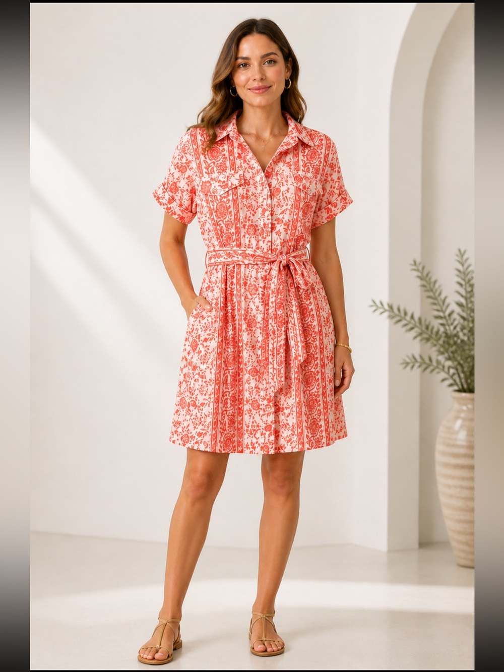 Sue Sartor Dress Button Down Belted Mini in Blush Red Floral